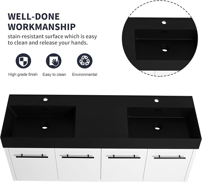 60” Wall Mounted Bathroom Vanity, Bathroom Cabinet - Image 3