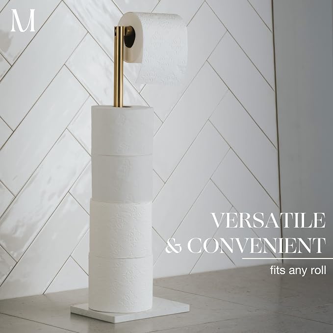MARMOLUX ACC Free Standing Gold Toilet Paper Holder Stand White Marble Base and - Image 4