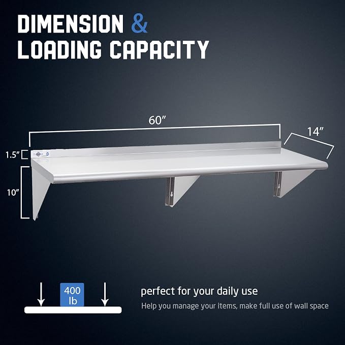 Profeeshaw NSF Stainless Steel Shelf 14” x 60”, 400 lb Commercial Shelves Wall - Image 3