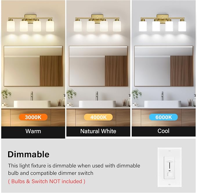 Brushed Gold Bathroom Light Fixtures, 4-Light Modern Vanity Light Over Mirror - Image 6