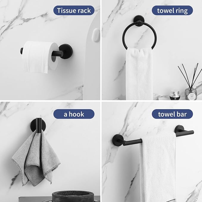 Towel Bar Set Mattel Black, Bathroom Accessories Set 5pcs Including 16'' Tower - Image 3