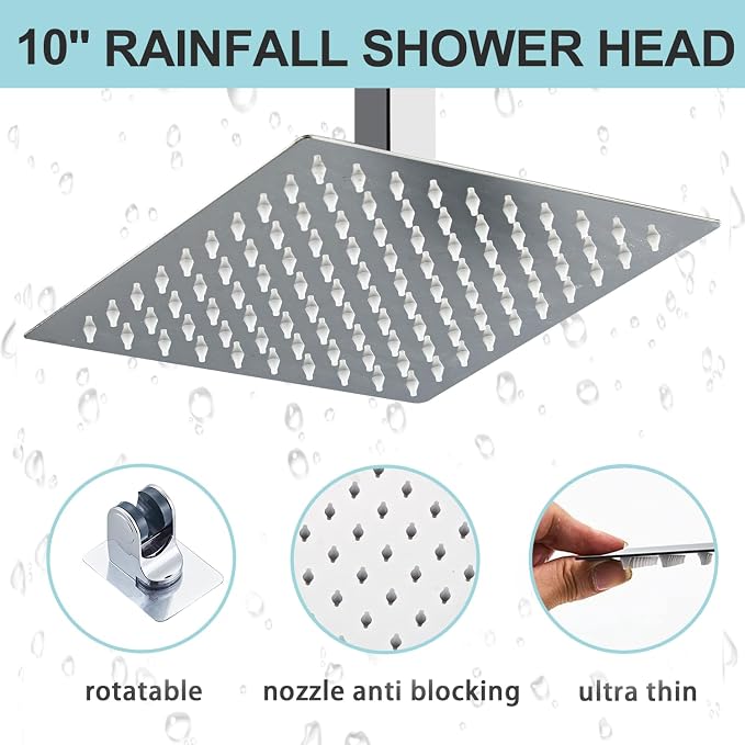 10 Inch Ceiling Mount Shower Faucet Set, Square Rain Shower Spray Combo Luxury - Image 2