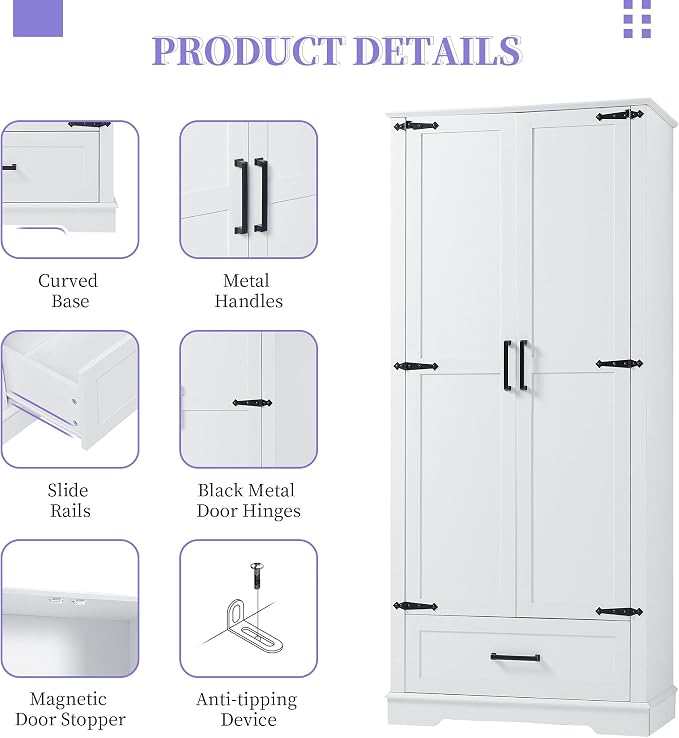 Tall Storage Cabinet with 2 Doors, 1 Drawer and Adjustable Shelf, Wood Floor - Image 6