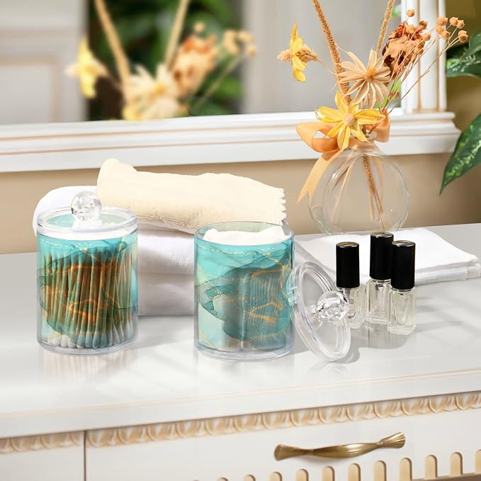 MNSRUU 4 Pack Qtip Holder Organizer Dispenser Modern Art Marble Teal Bathroom - Image 7