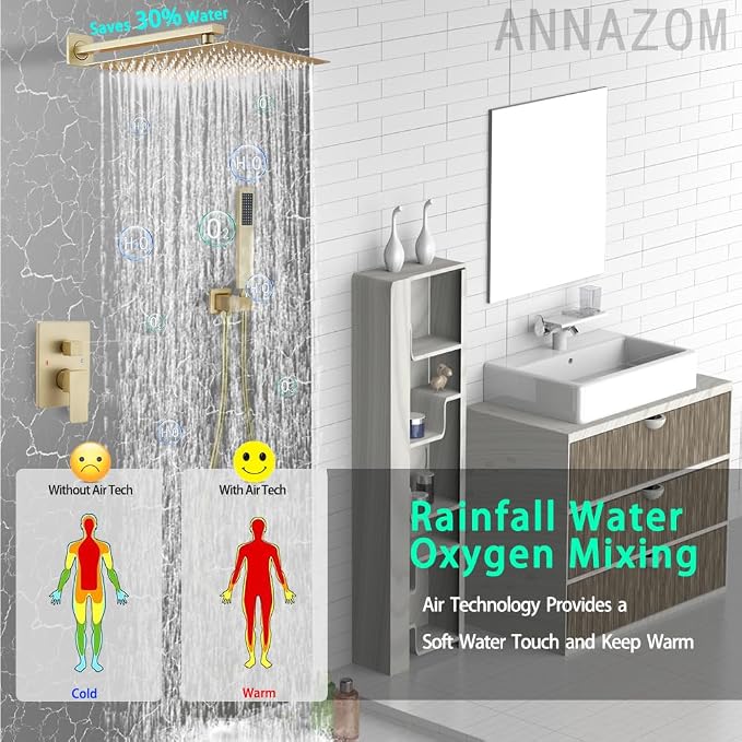 Rain Shower System 12 Inch Ultra Large Shower Head High Pressure Brushed Gold - Image 2