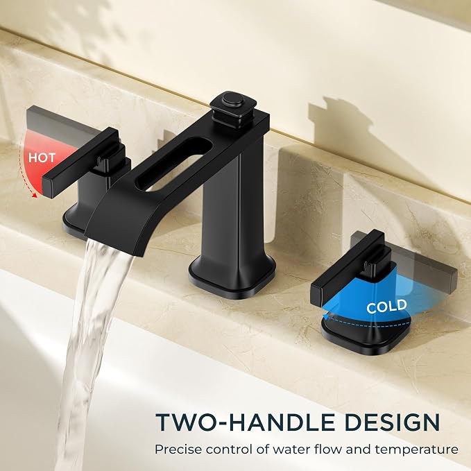 FORIOUS 3 Hole Bathroom Vanity Sink Faucet, Matte Black Waterfall Widespread - Image 6