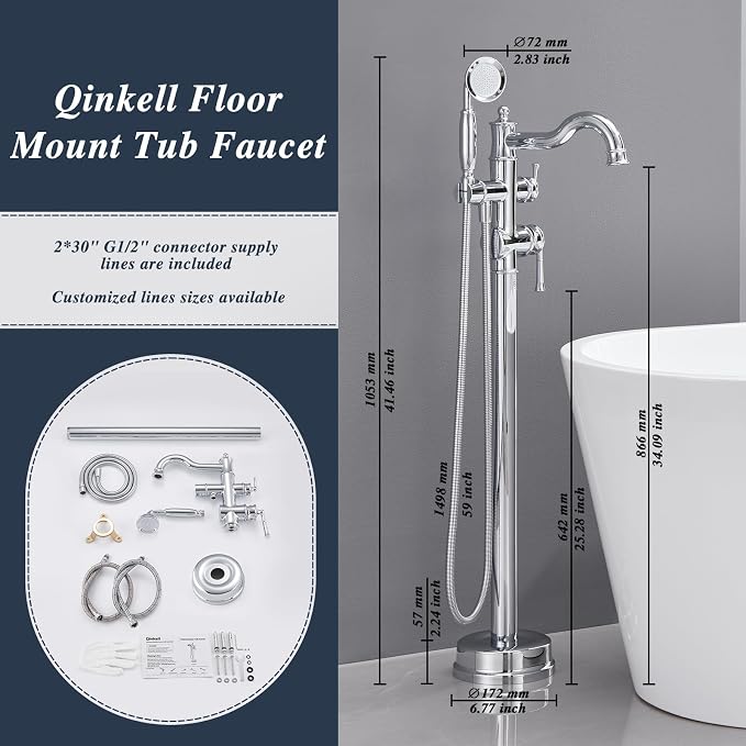 Free Standing Tub Faucet, Qinkell Classic Elegant Gooseneck Freestanding - Image 6