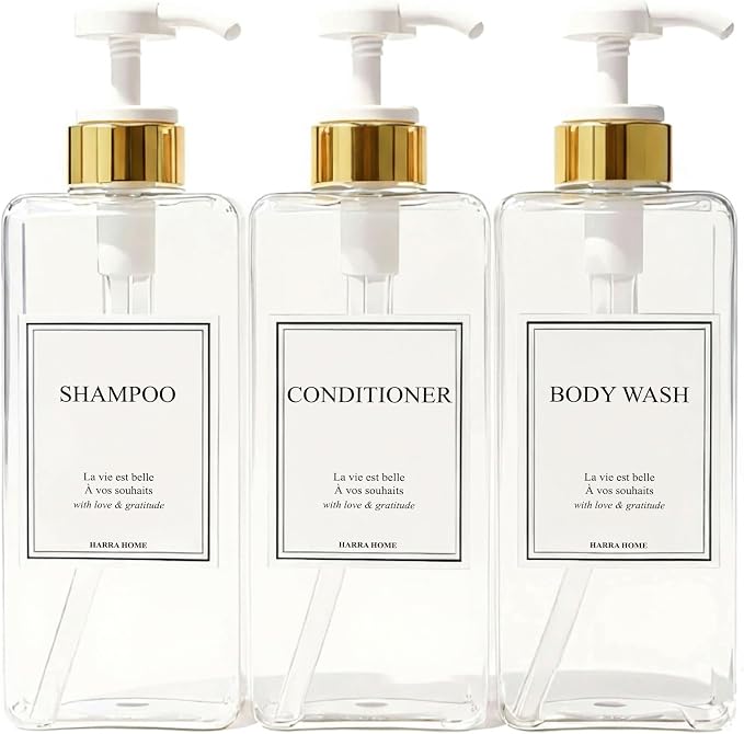 Modern Gold Design Shampoo and Conditioner Dispenser, Large 27oz Shower Soap by HARRA+HOME