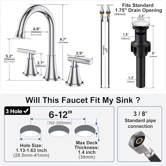 Bathroom Faucets for Sink 3 Hole, Hurran Chrome Bathroom Sink Faucet - Image 5