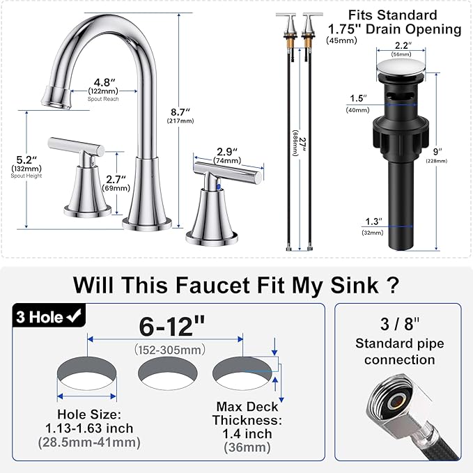 Bathroom Faucets for Sink 3 Hole, Hurran Chrome Bathroom Sink Faucet - Image 5