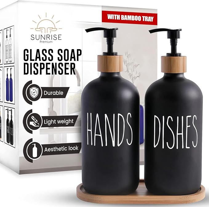 16 OZ Thick Black Glass Soap Dispenser, Bamboo Pump by SunrisePremium