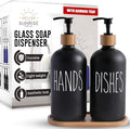 16 OZ Thick Black Glass Soap Dispenser, Bamboo Pump by SunrisePremium