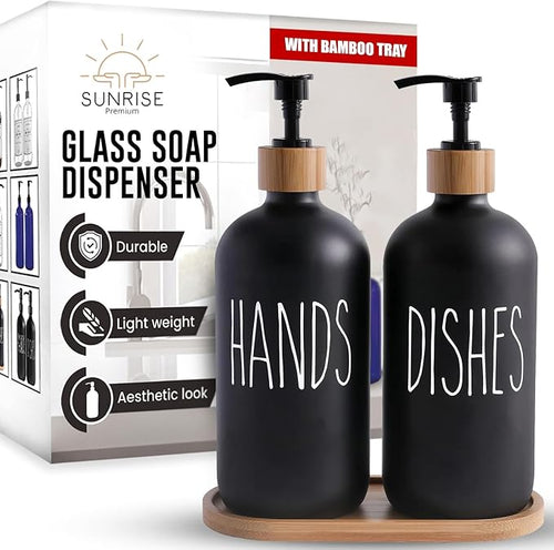 16 OZ Thick Black Glass Soap Dispenser, Bamboo Pump by SunrisePremium