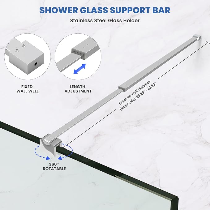 Shower Door Glass Support Bar, 26.96" to 48.54" Adjustable Stainless Steel - Image 4