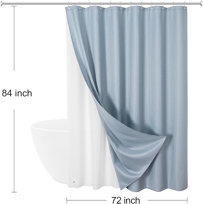 3 in 1 Extra Long Blue Shower Curtain Set-72 W x 84 H, Fog Blue Waffle and PEVA - Image 8