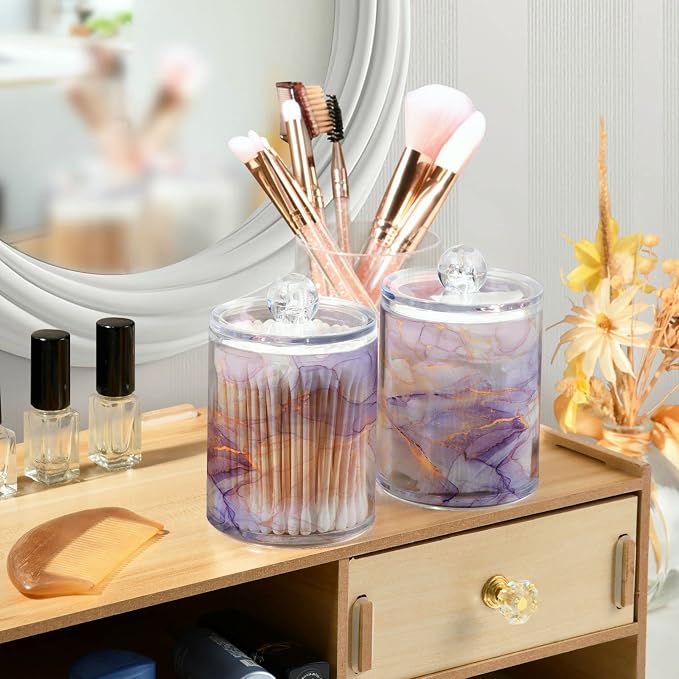 4 Pack Qtip Holder Organizer Dispenser Purple Transparent Waves Marble Bathroom - Image 6