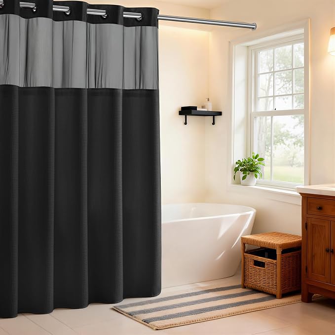 River Dream Black Shower Curain No Hooks Dotted Waffle Weave Shower Curtain - by RiverDream