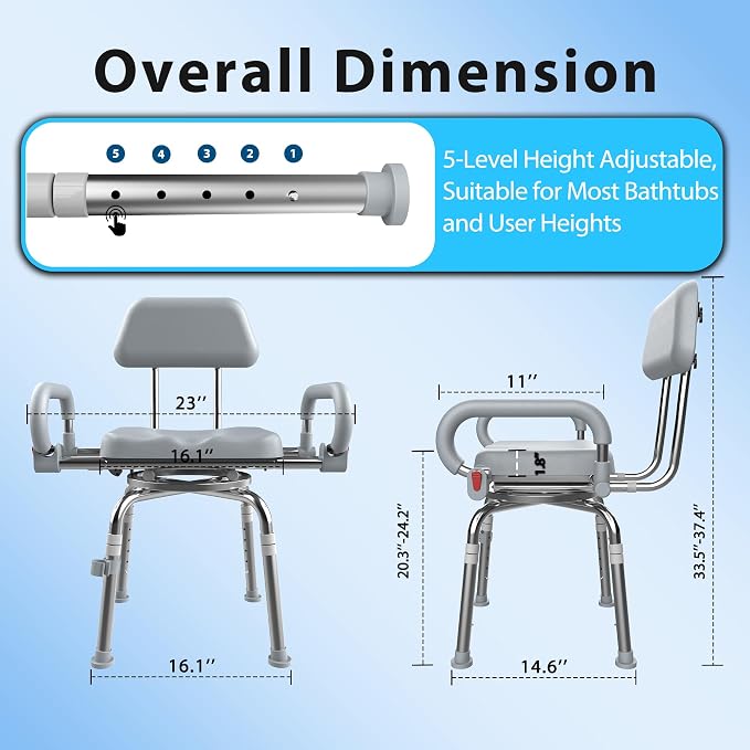 Swivel Shower Chair with Arms and Back, Anti-Slip Design, with Security Belt - Image 4