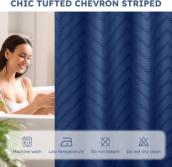 No Hook Shower Curtain and Snap in Liner Set Navy Blue Tufted Chevron Striped - Image 4