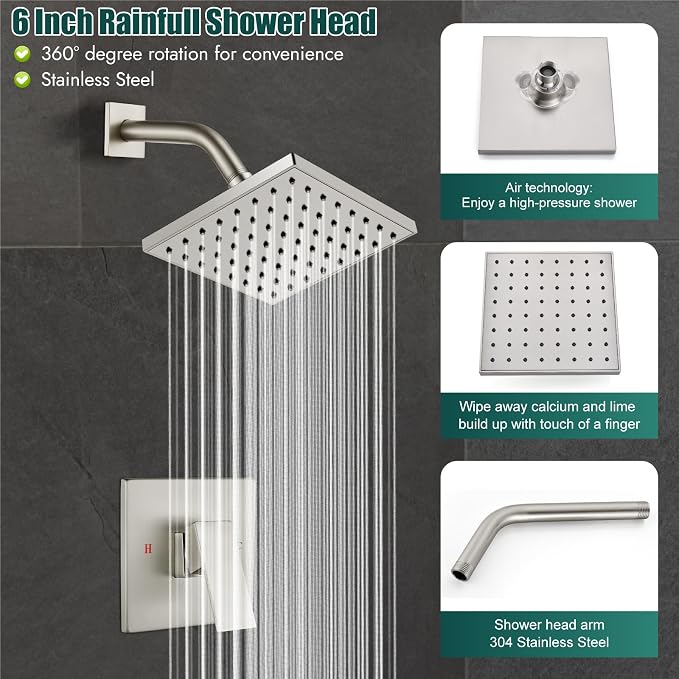 Heyalan Bathtub Shower Faucet Set, 6 Inch Square Trim Kit - Image 3