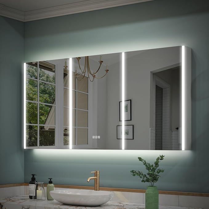WELLFOR 60" x 30" LED Mirrored Bathroom Cabinet, Mirror Medicine Cabinet by WELLFOR