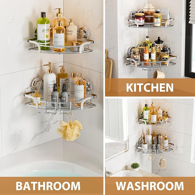 LEVERLOC 2 Pack Powerful Suction Cup Corner Shower Caddy, Stainless Steel - Image 7