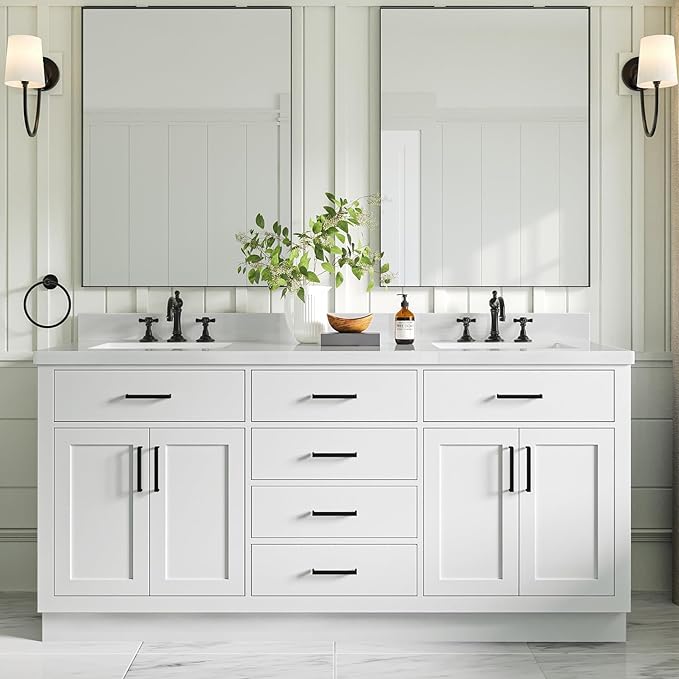 ARIEL 73" White Double Vanity, 1.5" Edge Pure White Quartz Countertop & Splash by Ariel