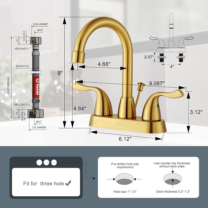 Brushed Gold Bathroom Faucet, ARCORA 4 inch Centerset Bathroom Faucet - Image 6
