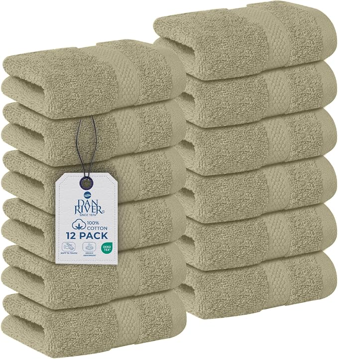 DAN RIVER 12-Pack Premium 100% Cotton Beige Face Towels – Reusable Face Towel by DanRiver