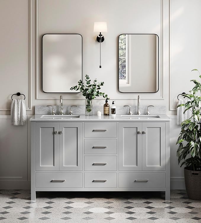 ARIEL Cambridge 61 Inch Grey Bathroom Vanity Double Sink, Solid Wood, Carrara by Ariel