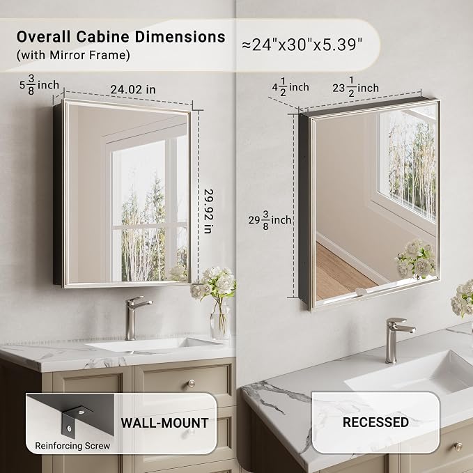 Pre-Assembled Surface or Recessed Medicine Cabinet Mirror-24x30 Brushed Nickel - Image 2