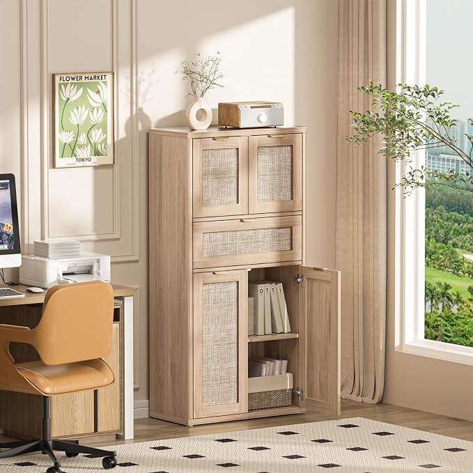 LEYAOYAO 48" Tall Storage Cabinet Set of 2, Rattan Bathroom Floor Cabinets - Image 5