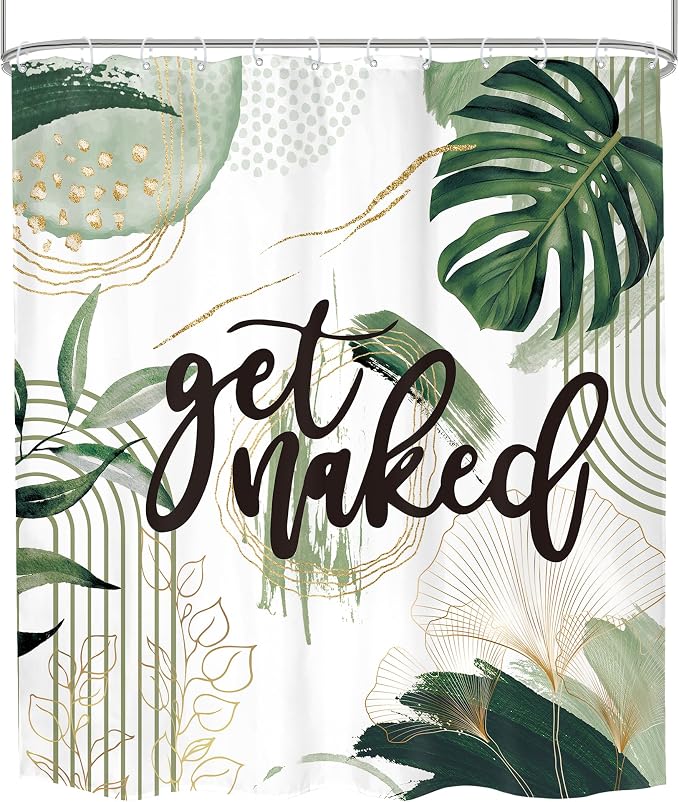 Green Boho Shower Curtain 60Wx72H Bohemian Sage Green Golden Leaves Get Naked - Image 8