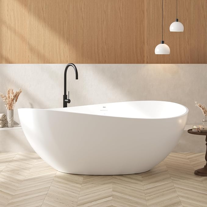 FerdY Lamu 63" Stone Resin Freestanding Bathtub, Gracefully Shaped Freestanding by FerdY