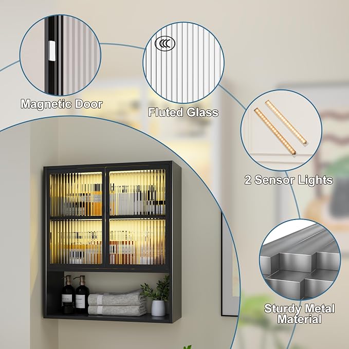 Metal Wall Cabinet with Glass Doors & LED Lights, Wall-Mounted Over-The-Toilet - Image 4