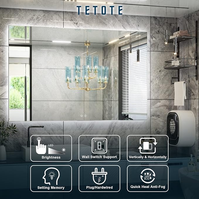 TETOTE 55 x 36 Inch LED Mirror Bathroom Backlit, Anti Fog, Vanity Lighted Mirror - Image 8