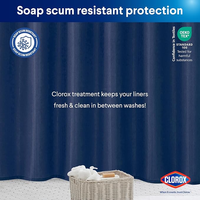 Clorox 2-in-1 Bathroom Shower Curtain Liner, Durable Fabric, Weighted Magnets - Image 7