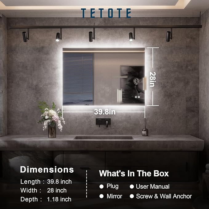 TETOTE 40 x 28 Inch LED Mirror Backlit Bathroom, Anti-Fog Mirror - Image 7