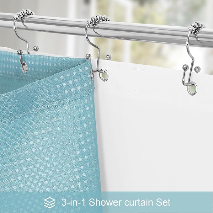 3 in 1 Long Shower Curtain Set-72 W x 78 H, Teal Blue Waffle and PEVA Liner Set - Image 2