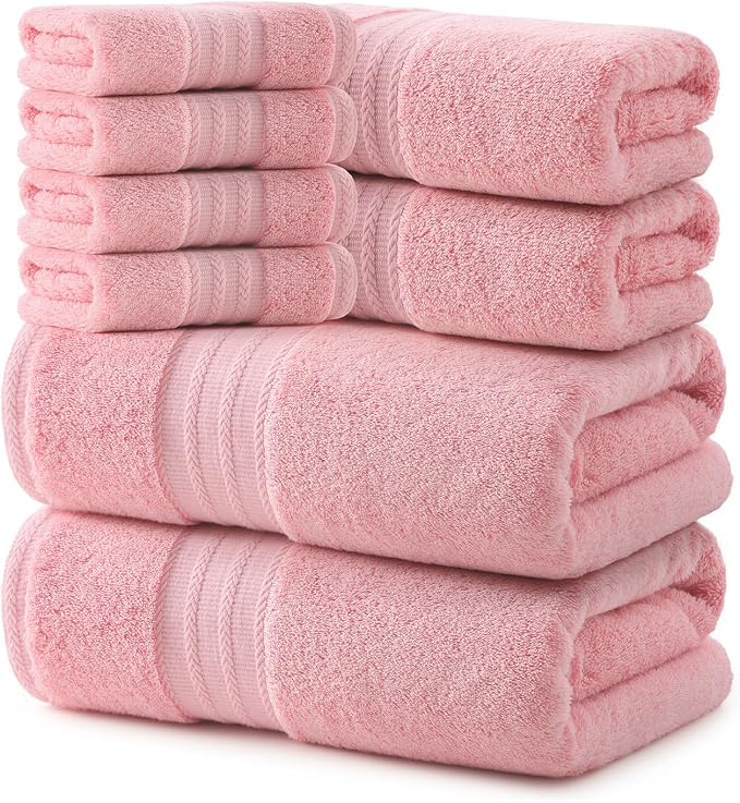 REDKISS Pink Towel Set of 8-100% Cotton Luxury Bath Towels Set by REDKISSOnline