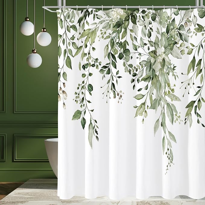 Gibelle Extra Long Shower Curtain 72 x 84, Tall Olive Green Floral Shower by Gibelle
