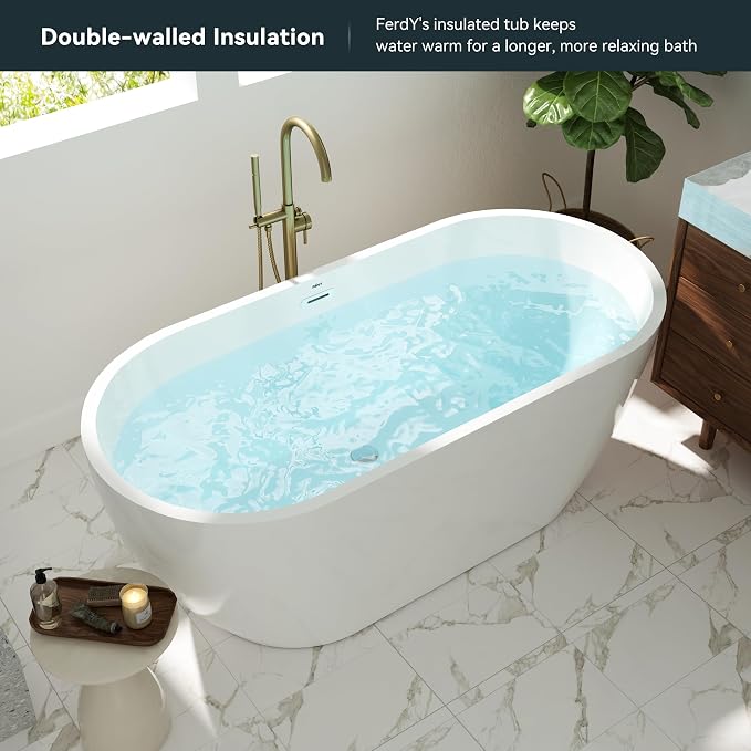 FerdY Nauru 59" Freestanding Bathtub, Gracefully Shaped Freestanding Soaking tub - Image 3