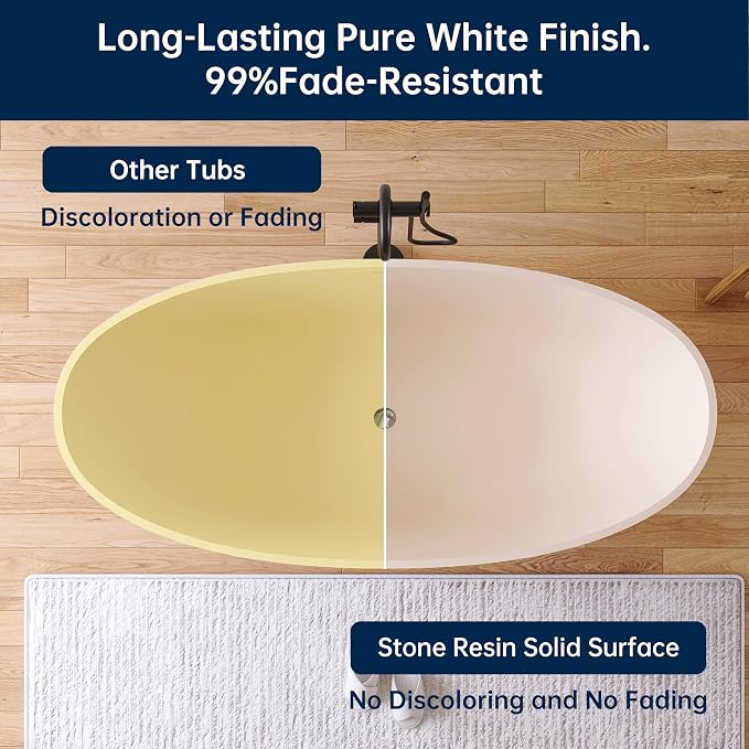Stone Resin Freestanding Bathtub 65", Elegant Oval Shape Soaking Tub, Solid - Image 6