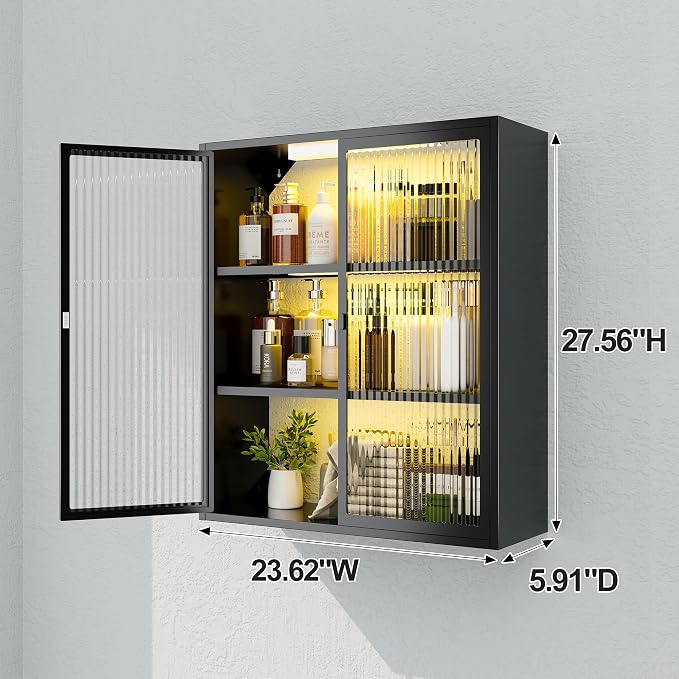 Bathroom Medicine Cabinet with Glass Doors & Sensor LED Lights, Over Toilet - Image 3