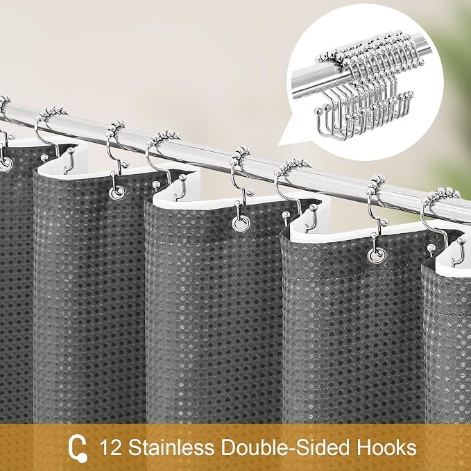 3 in 1 Shower Curtain Set, Charcoal Grey Waffle Fabric Modern Shower Curtain - Image 3