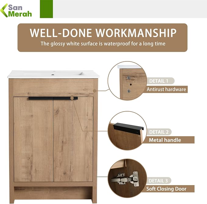 24 inch Bathroom Vanity with Sink, Bathroom Cabinet W/Single Ceramic Sink - Image 6