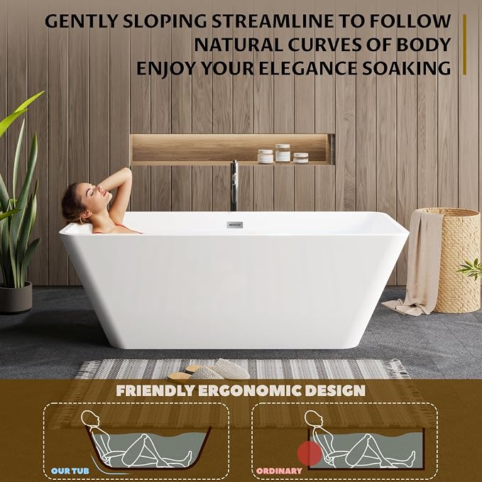 59" Freestanding Bathtub，Acrylic Deep Soak Tub, Glossy White, Easy Install - Image 4