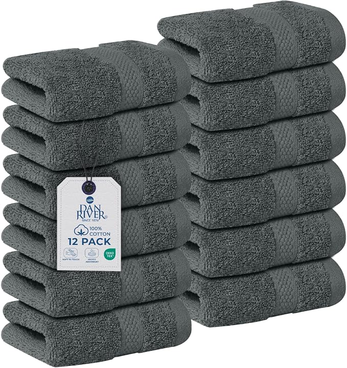 DAN RIVER 12-Pack Premium 100% Cotton Gray Face Towels – Reusable Face Towel Set by DanRiver