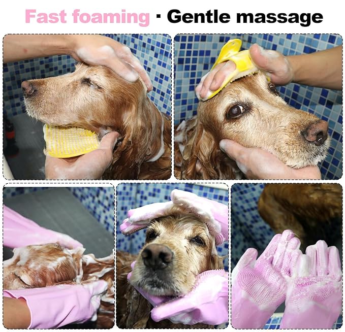 2-in-1 Pet Grooming Gloves and Brush, Dog and Cat Bath Scrubber Silicone Gloves - Image 5