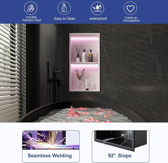 2-Tiers 12x24 Wall Niche with RGB LED Light Strips, Stainless Steel Bathroom - Image 4